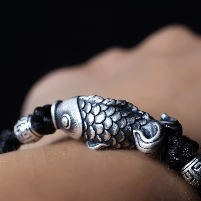 Braccialetto intrecciato con corda in argento Buddha Stones Luck Koi Fish - Image 3
