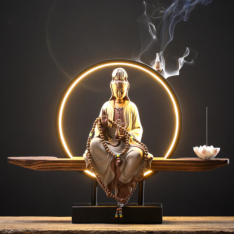 Buddha Stones Buddha Avalokitesvara Ceramica Loto Rilassamento Bruciatore di Incenso Decorazione - Image 5