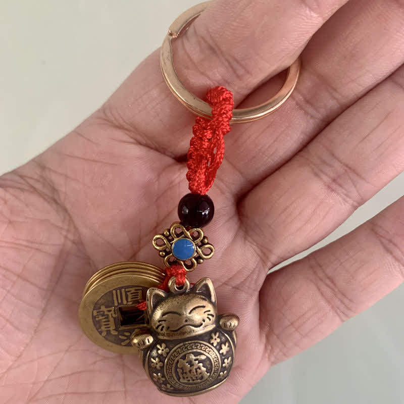 Buddha Stones Feng Shui Cinque monete dell'imperatore Gatto fortunato Denaro Ricchezza Portachiavi - Image 5
