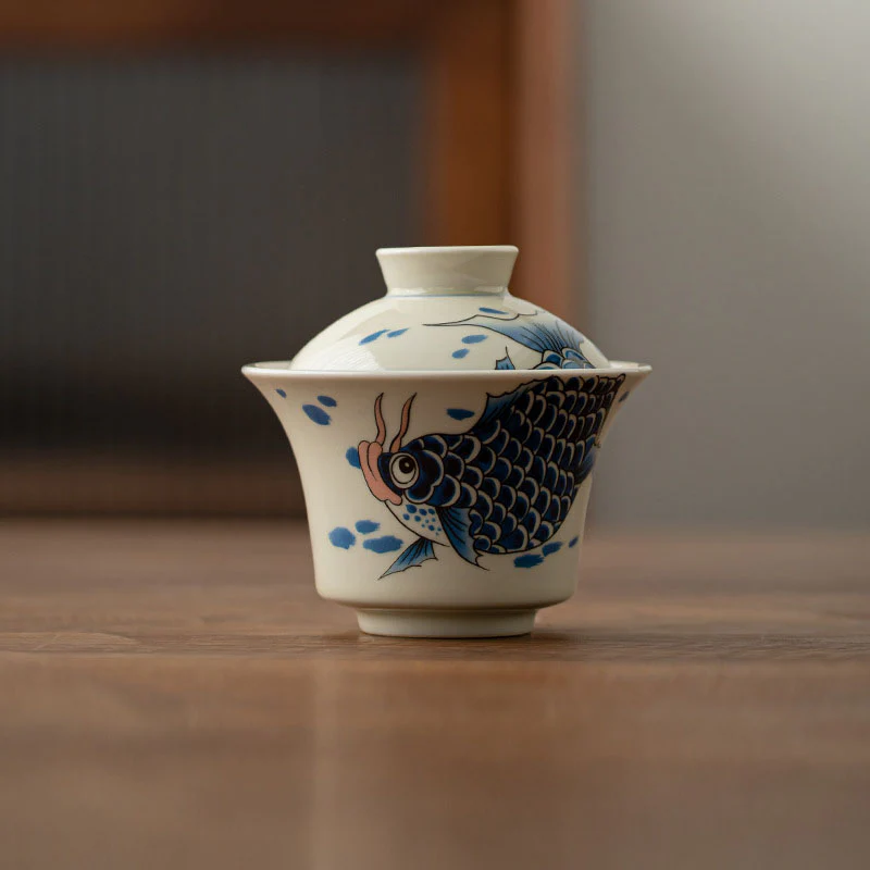 Buddha Stones Koi Fish Arowana Ceramica Gaiwan Sancai Tazza da tè Kung Fu Tazza da tè con coperchio 130ml - Image 30
