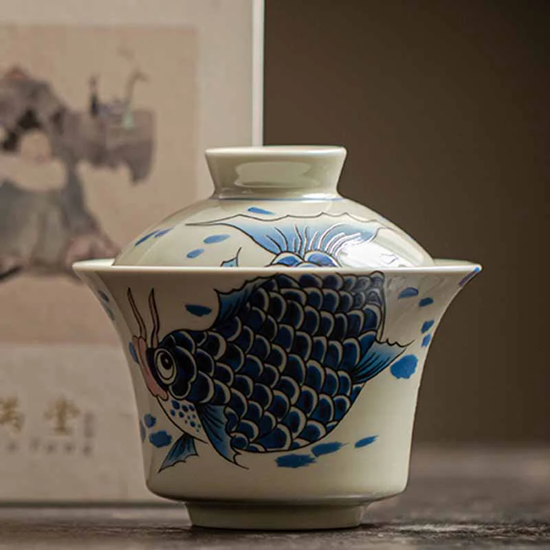 Buddha Stones Koi Fish Arowana Ceramica Gaiwan Sancai Tazza da tè Kung Fu Tazza da tè con coperchio 130ml - Image 31