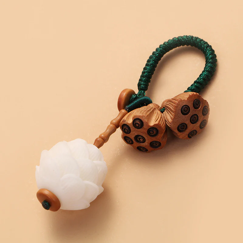 Buddha Stones Loto Naturale Bianco Bodhi Seme Legno di Pesca Fortuna Portachiavi Decorazione - Image 3