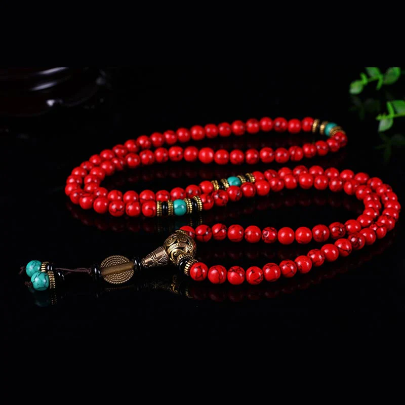 Buddha Stones Mala Tibetano Turchese Rosso Collana Fortunata Bracciale - Image 3