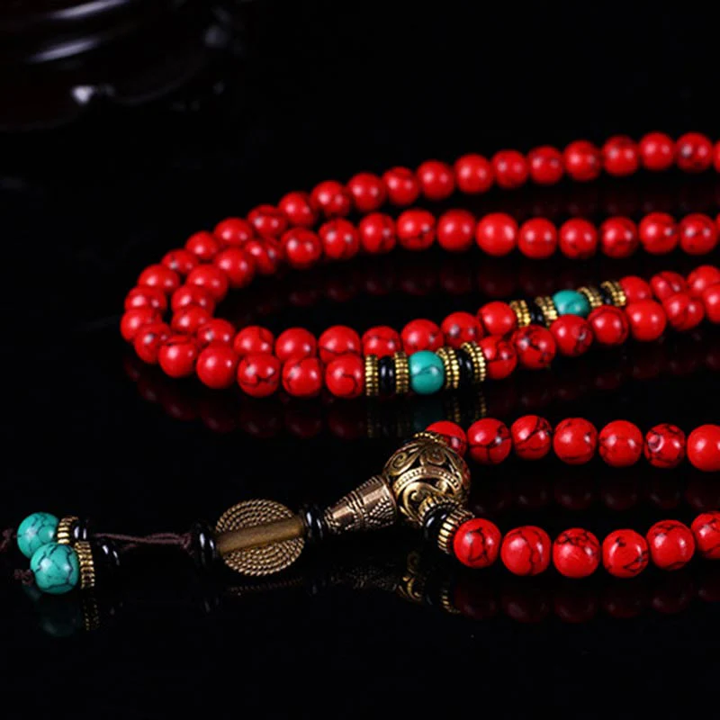 Buddha Stones Mala Tibetano Turchese Rosso Collana Fortunata Bracciale - Image 8