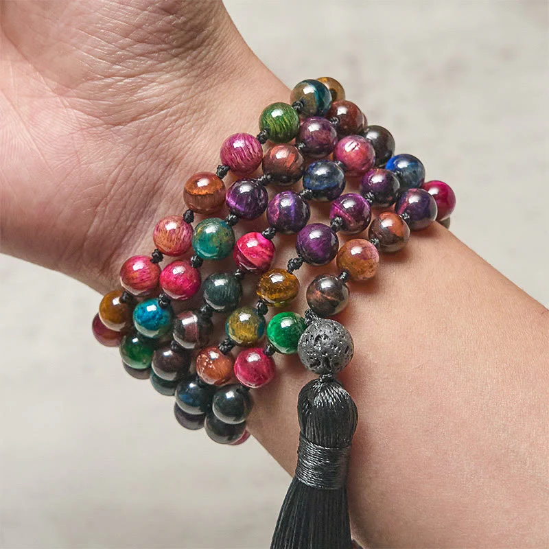 Buddha Stones Occhio di tigre giallo multicolore Occhio di tigre verde Occhio di tigre blu Occhio di tigre rosso Nappa di perline Mala della forza - Image 3