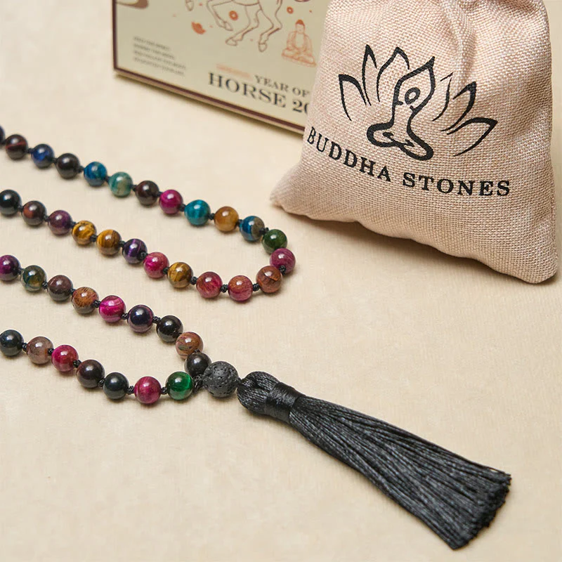 Buddha Stones Occhio di tigre giallo multicolore Occhio di tigre verde Occhio di tigre blu Occhio di tigre rosso Nappa di perline Mala della forza - Image 4