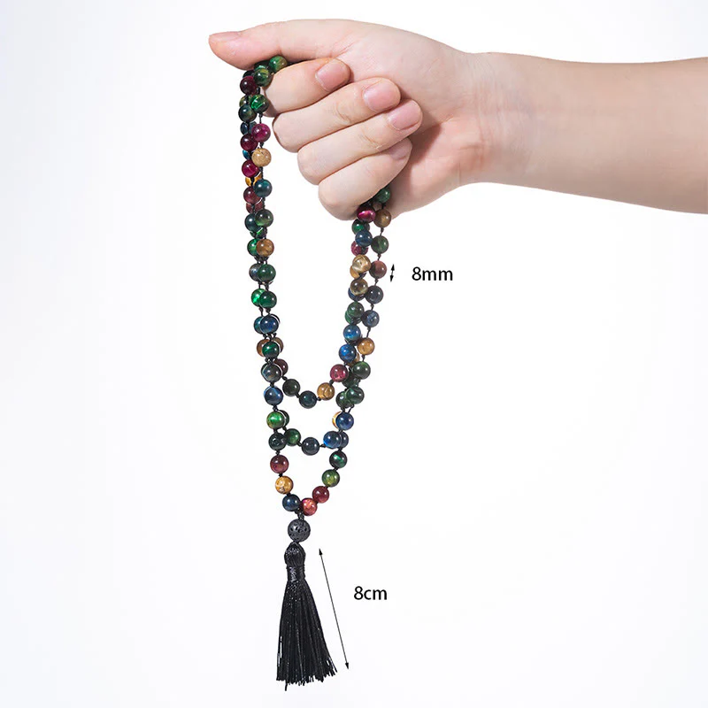 Buddha Stones Occhio di tigre giallo multicolore Occhio di tigre verde Occhio di tigre blu Occhio di tigre rosso Nappa di perline Mala della forza - Image 5