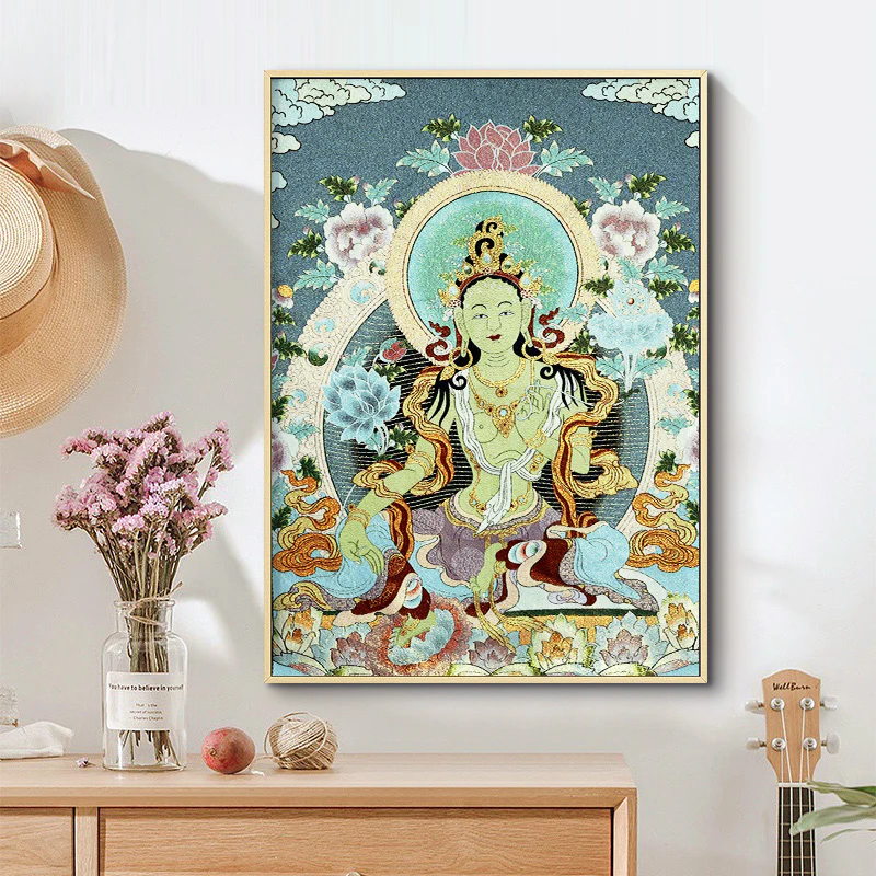 Buddha Stones Ricamo Tibetano Tara Bianca Thangka Arazzo Appeso a Parete Arte della Parete Meditazione per la Decorazione della Casa - Image 3