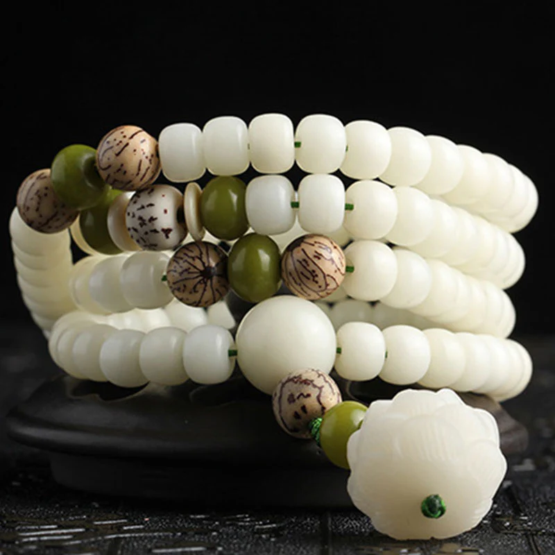 Collana con bracciale in giada bianca Bodhi Lotus Mala Harmony Buddha Stones - Image 13