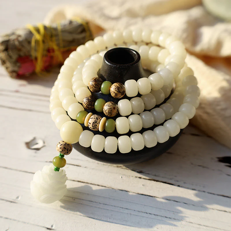 Collana con bracciale in giada bianca Bodhi Lotus Mala Harmony Buddha Stones - Image 3