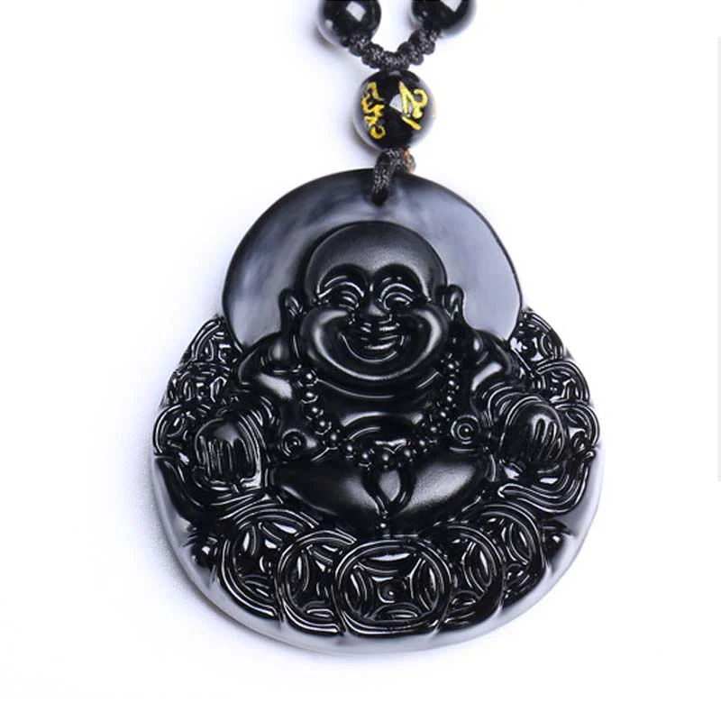 Collana con ciondolo Buddha Stones Laughing Buddha in ossidiana nera, forza e protezione - Image 6