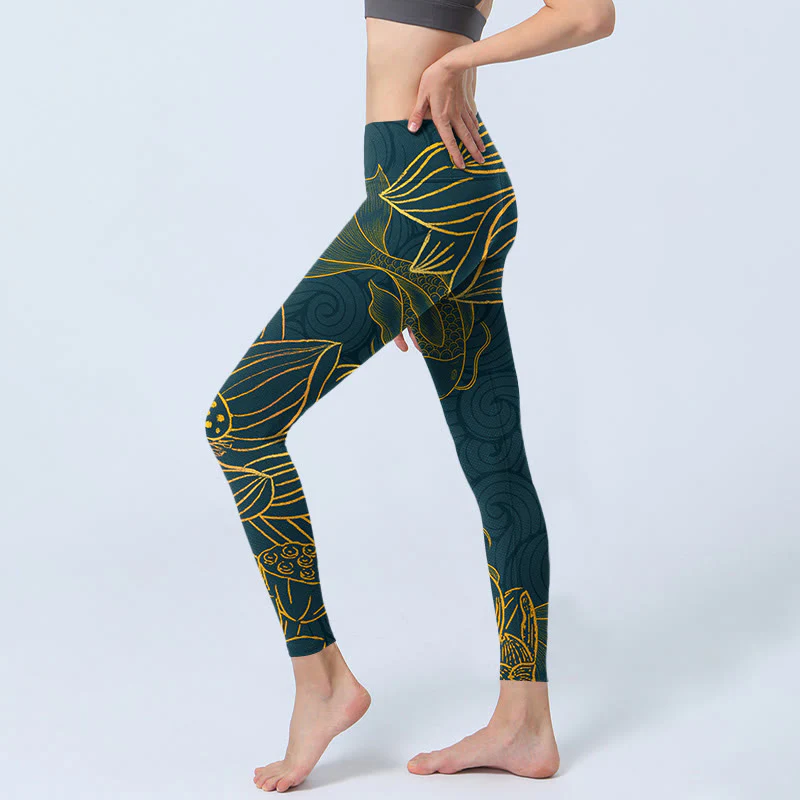 Leggings da palestra con stampa di loto e pesce koi dorato Buddha Stones, pantaloni da yoga da donna - Image 4