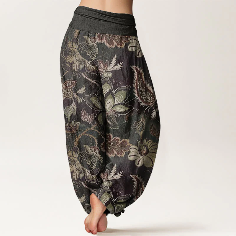 Pantaloni harem da donna con elastico in vita, in cotone, casual, con motivo floreale e foglie, motivo Buddha Stones - Image 3