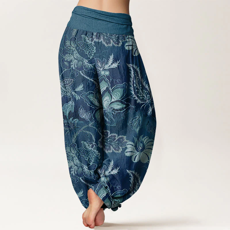 Pantaloni harem da donna con elastico in vita, in cotone, casual, con motivo floreale e foglie, motivo Buddha Stones - Image 7