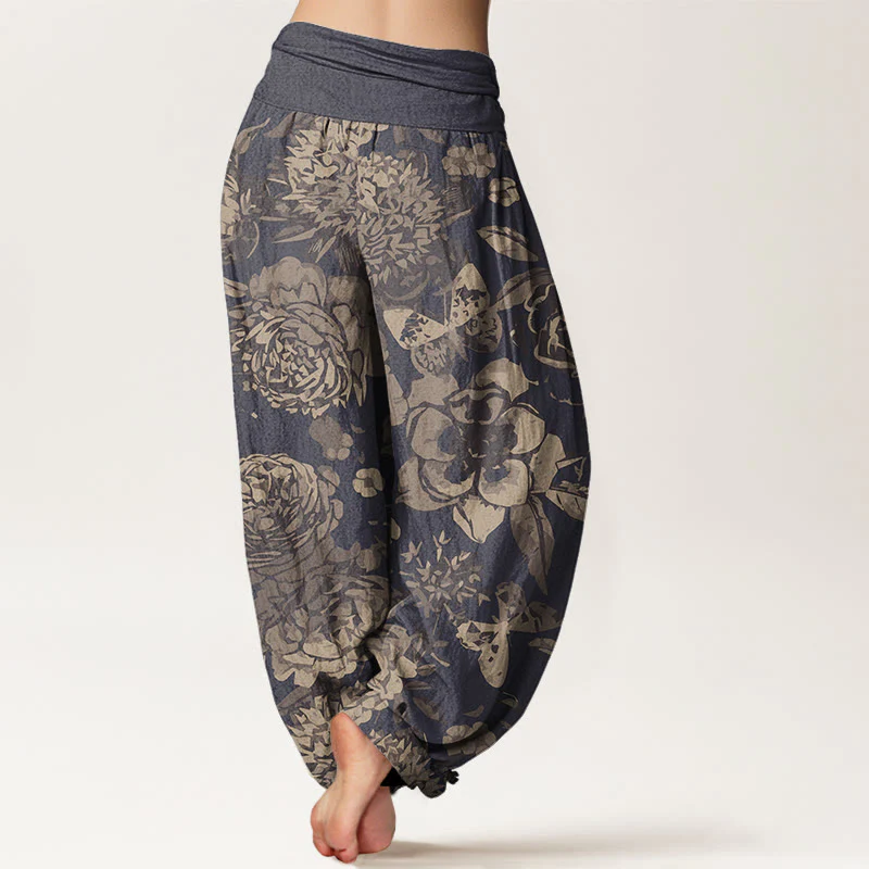 Pantaloni harem da donna con elastico in vita, in cotone, casual, con fiori di peonia e foglie, motivo Buddha Stones - Image 3
