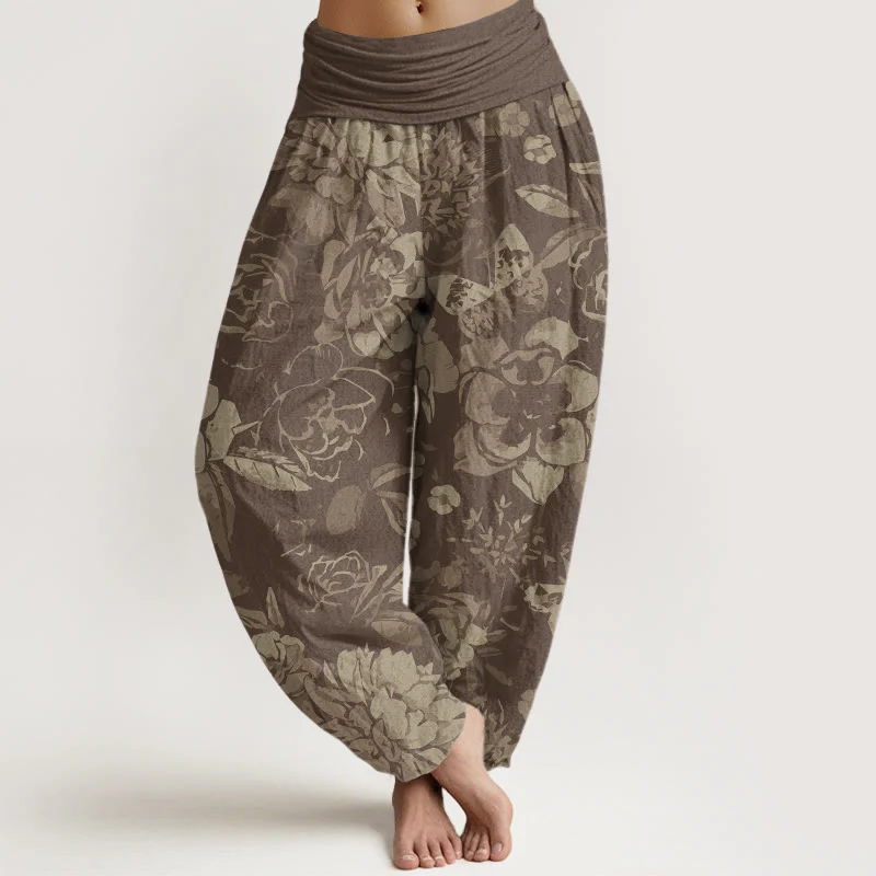 Pantaloni harem da donna con elastico in vita, in cotone, casual, con fiori di peonia e foglie, motivo Buddha Stones - Image 5