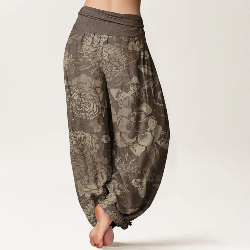 Pantaloni harem da donna con elastico in vita, in cotone, casual, con fiori di peonia e foglie, motivo Buddha Stones - Image 7