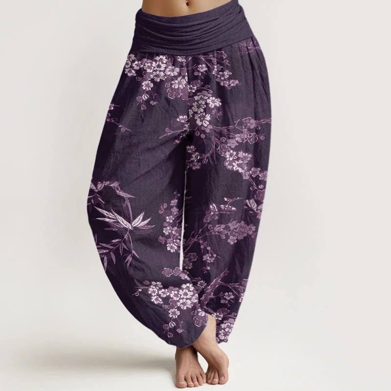 Pantaloni harem da donna con elastico in vita, in cotone bianco con motivo floreale Sakura, modello Buddha Stones - Image 5