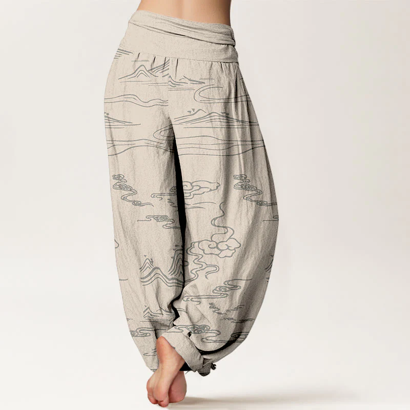 Pantaloni harem da donna con elastico in vita, motivo Buddha Stones Cotton Mountain Moon e nuvole di buon auspicio - Image 10