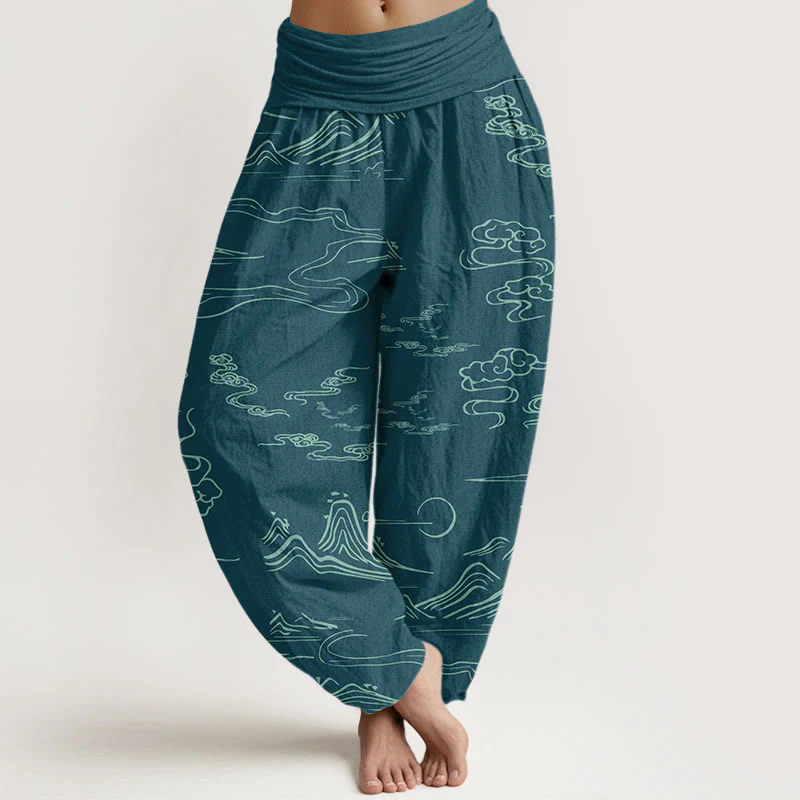 Pantaloni harem da donna con elastico in vita, motivo Buddha Stones Cotton Mountain Moon e nuvole di buon auspicio - Image 14