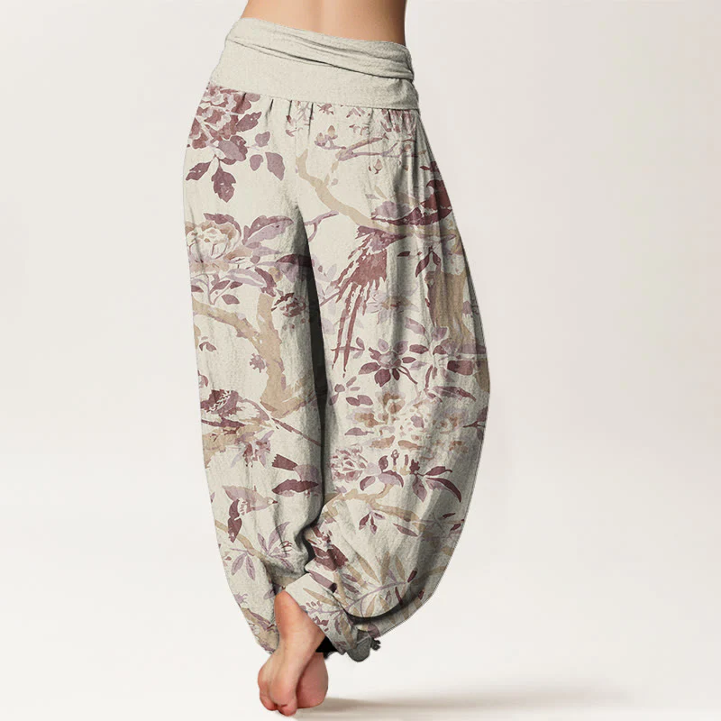 Pantaloni harem da donna con elastico in vita, motivo Buddha Stones Cotton Birds Branch Flowers - Image 6