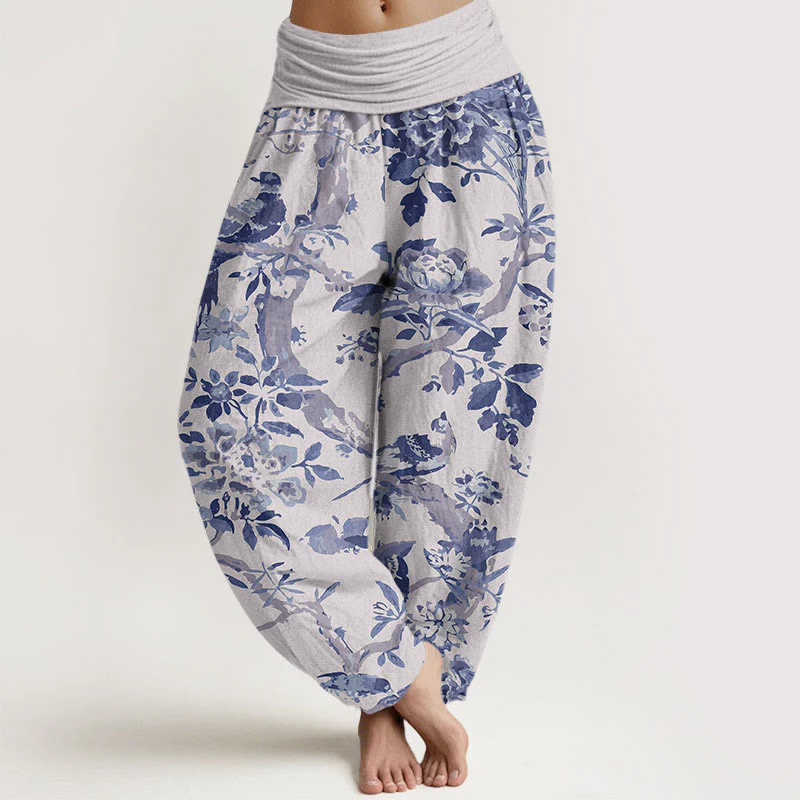 Pantaloni harem da donna con elastico in vita, motivo Buddha Stones Cotton Birds Branch Flowers - Image 8