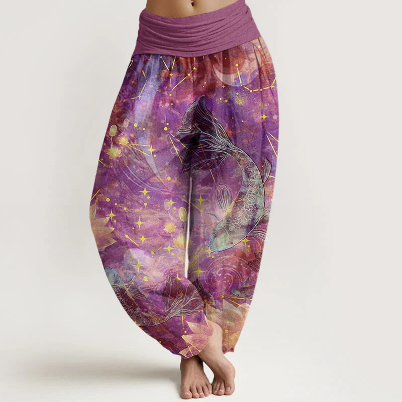 Pantaloni harem da donna con elastico in vita, in cotone, con motivo a pesce koi, loto, luna e stelle, motivo Buddha Stones - Image 5