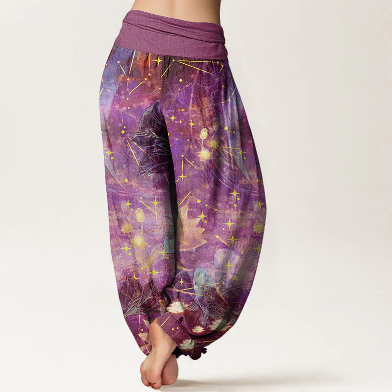 Pantaloni harem da donna con elastico in vita, in cotone, con motivo a pesce koi, loto, luna e stelle, motivo Buddha Stones - Image 7