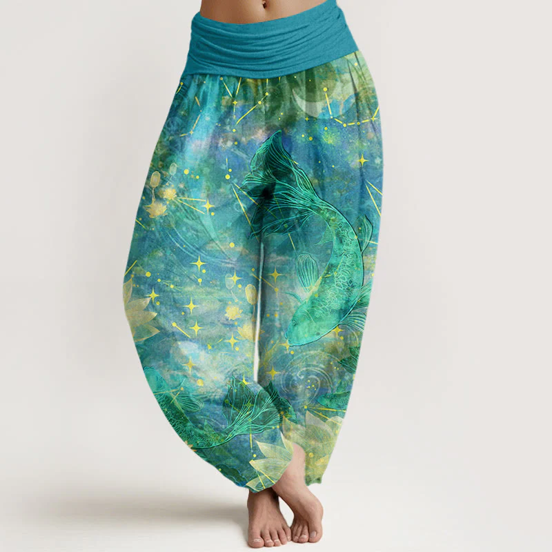 Pantaloni harem da donna con elastico in vita, in cotone, con motivo a pesce koi, loto, luna e stelle, motivo Buddha Stones - Image 8