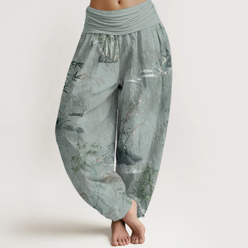 Pantaloni harem da donna con elastico in vita, in cotone, casual, in bambù, con pittura a inchiostro e pietre Buddha Stones - Image 8