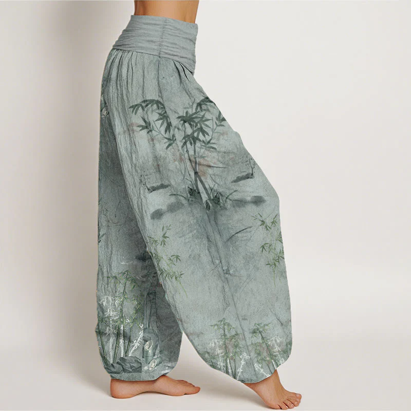 Pantaloni harem da donna con elastico in vita, in cotone, casual, in bambù, con pittura a inchiostro e pietre Buddha Stones - Image 9