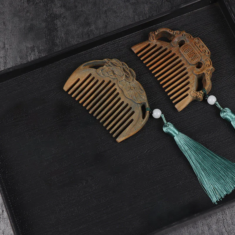 Pettine con nappa di cura inciso a forma di fiore di peonia volpe sandalo verde - Image 13