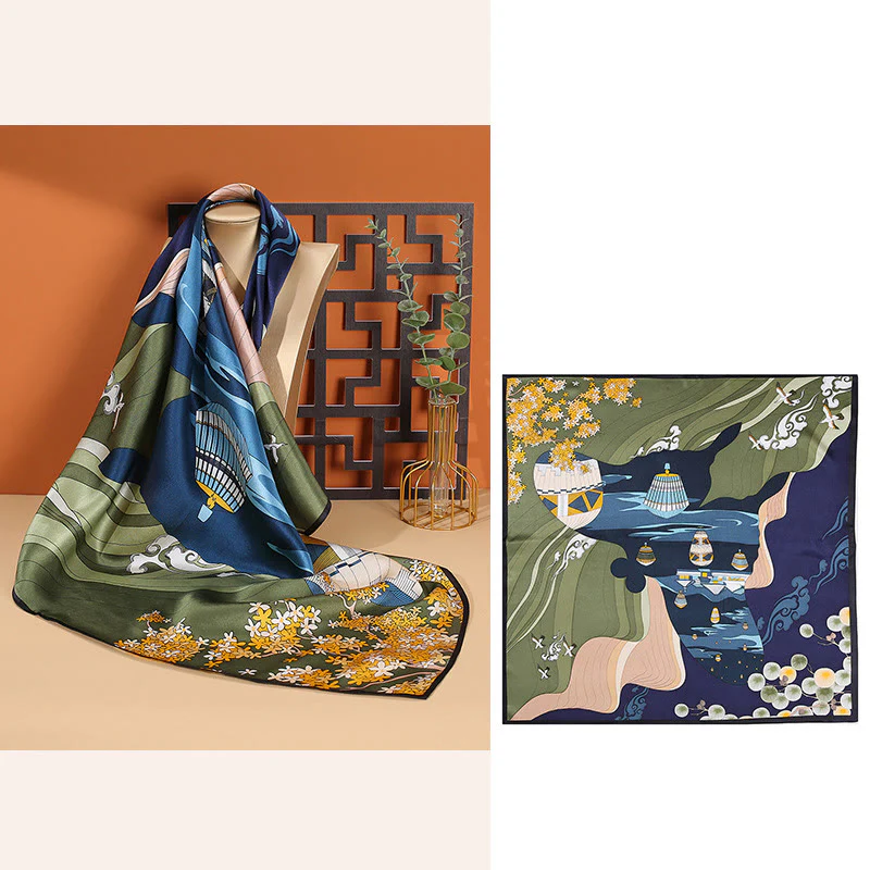 Sciarpa per capelli al collo in seta di gelso al 100%, motivo: Buddha Stones , scena pastorale, mongolfiera, fiori primaverili - Image 10