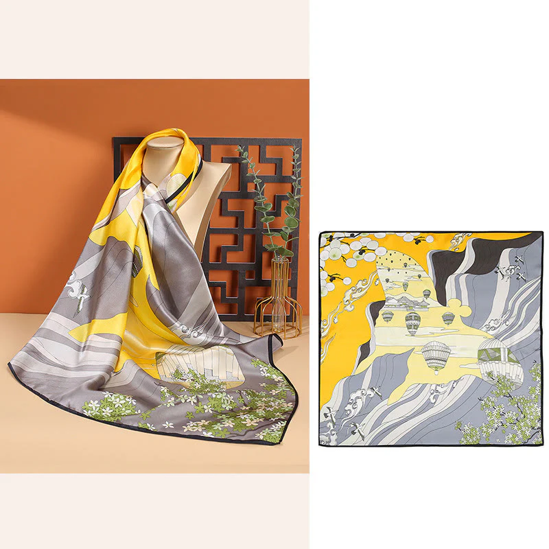 Sciarpa per capelli al collo in seta di gelso al 100%, motivo: Buddha Stones , scena pastorale, mongolfiera, fiori primaverili - Image 11