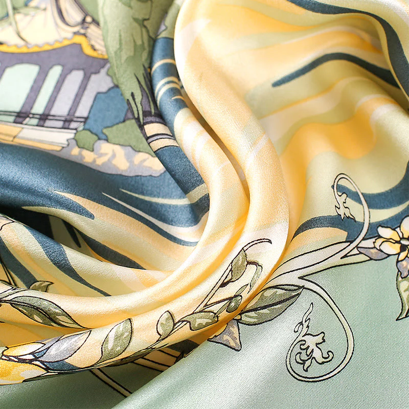 Sciarpa per capelli al collo in seta di gelso al 100%, motivo: Buddha Stones , scena pastorale, mongolfiera, fiori primaverili - Image 3